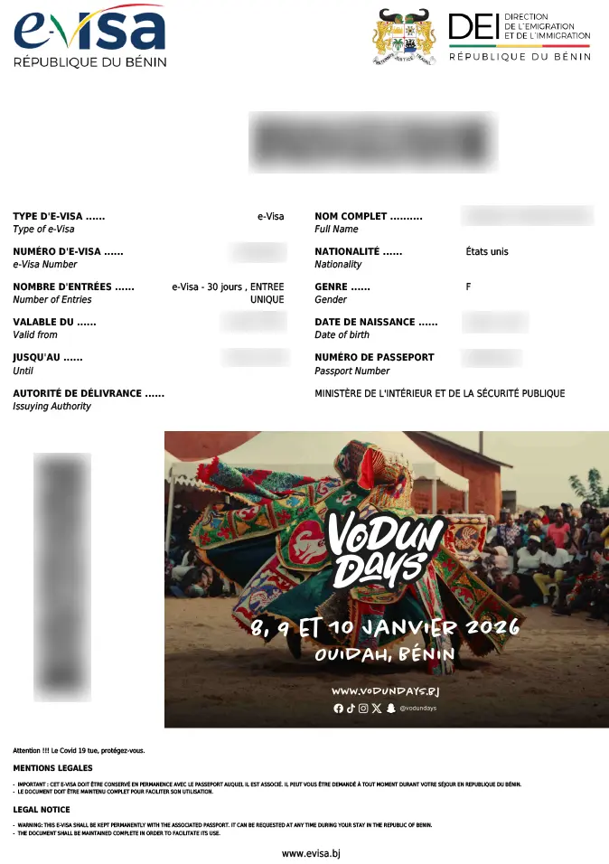 The 電子ビザ（eVisa） for ベナン