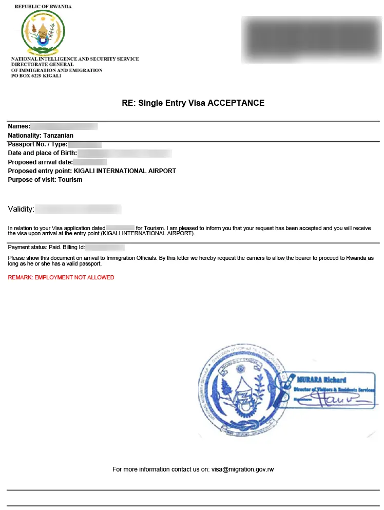 The 전자비자(eVisa) for 르완다