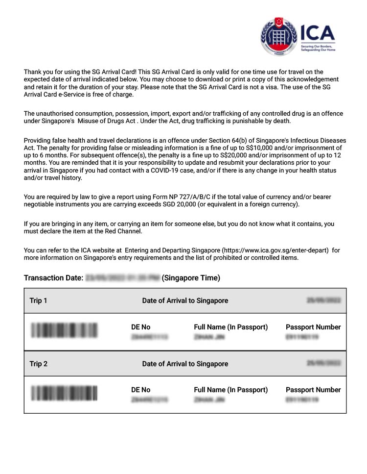 The SG Arrival Card for Singapore