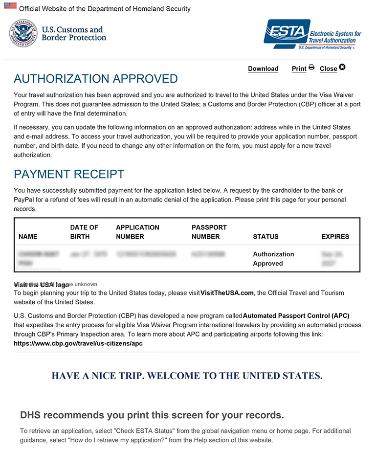 The ESTA for Vereinigte Staaten